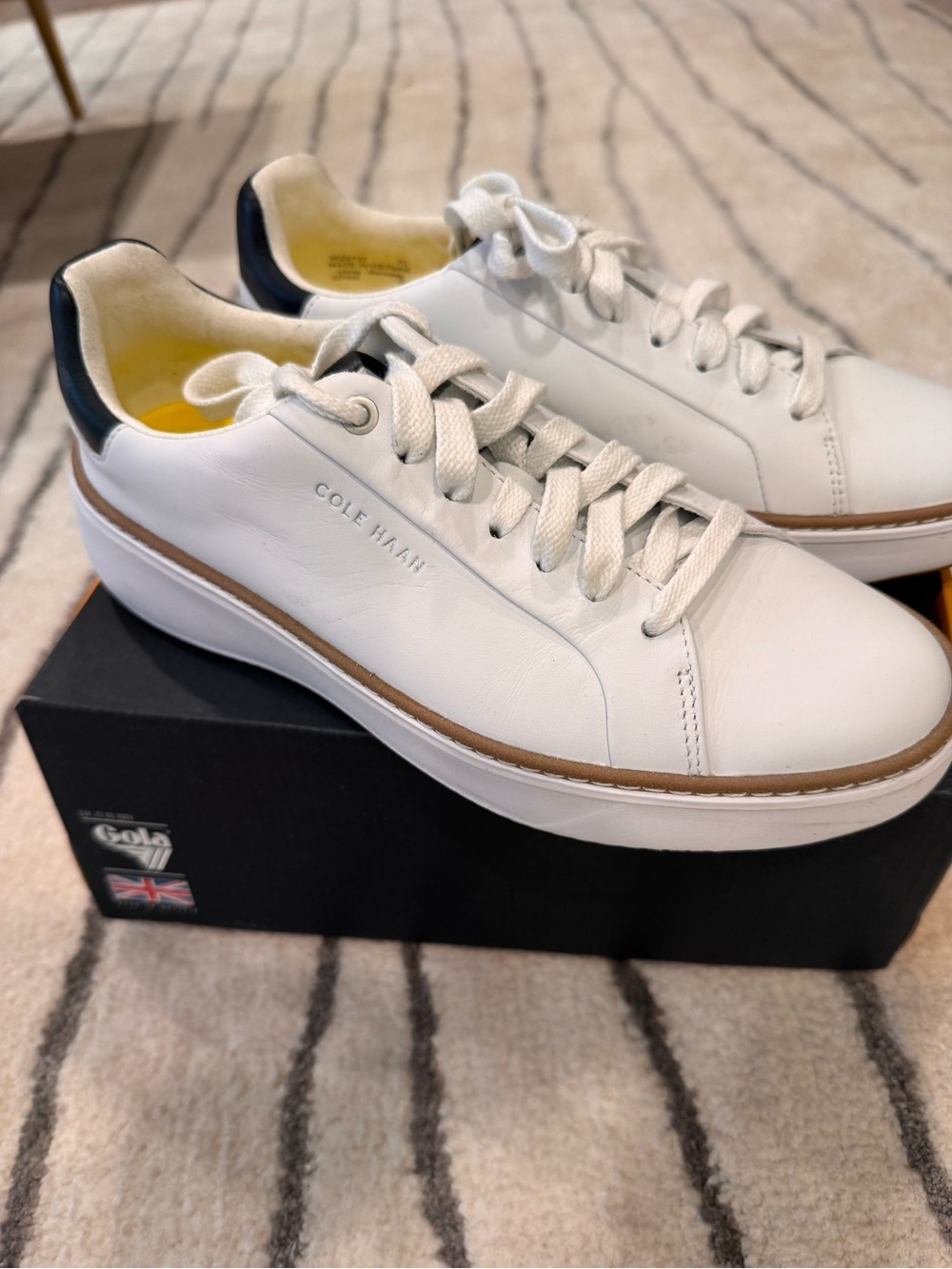 Cole Haan White Leather Sneakers with Navy Heel and Tan Welt